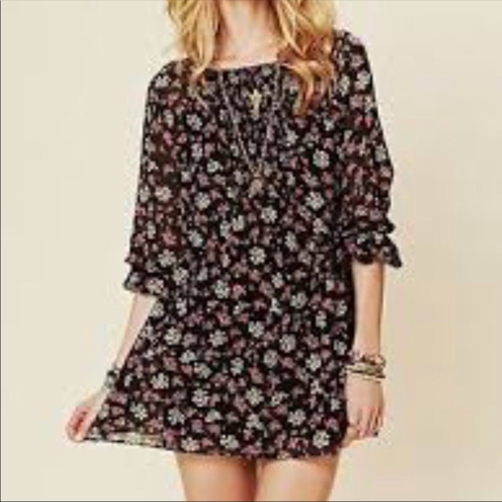 Free People Black Floral Peasant Mini Dress